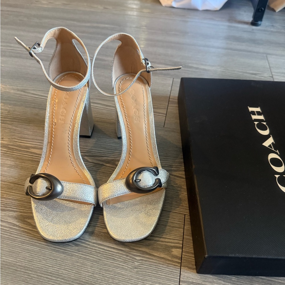 Coach Silver leather Heels with Ankle Strap and Embellishment